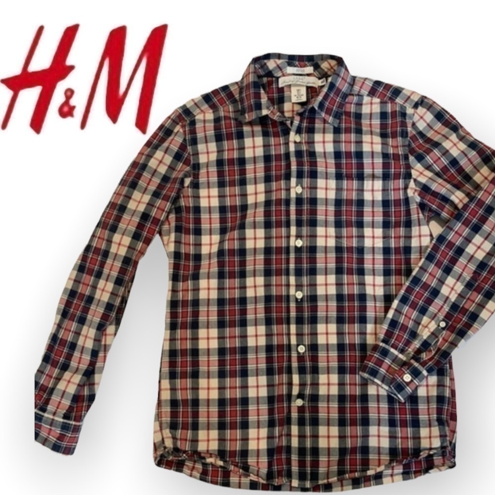 H&M Plaid Dark Blue, Red and Tan Button Down Long Fitted Sleeve Shirt Medium‌